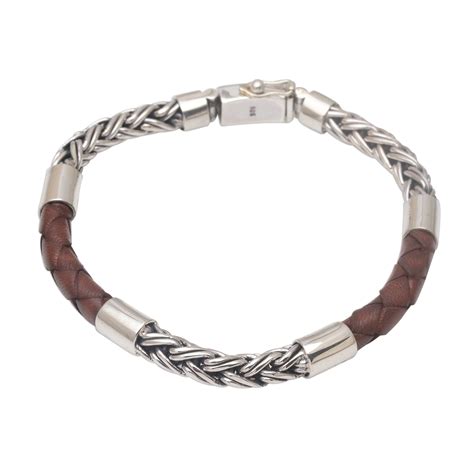 Mens Sterling Silver And Leather Bracelet From Bali One Strength In