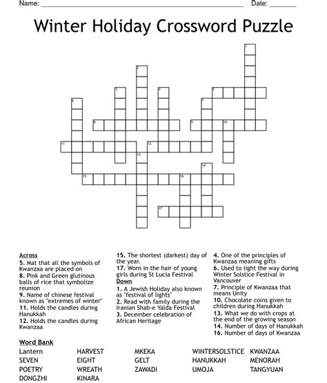 Winter Holiday Crossword Puzzle Wordmint