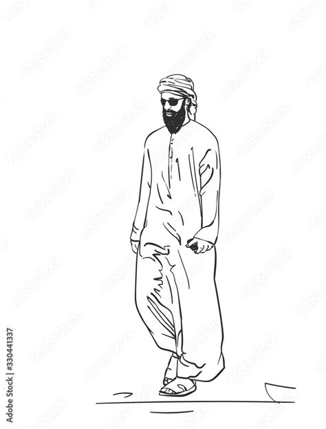 sketch of muslim arabic man in traditional clothes hand drawn vector linear illustration stock