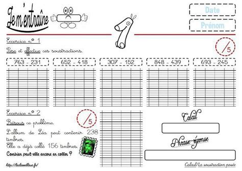 Leçons, exercices et evaluations corrigés sur le programme de numeration calcul. CE2-Calcul-La soustraction posée par La classe bleue ...