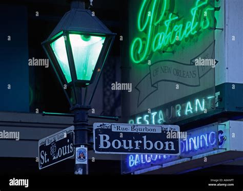 Bourbon Street Sign Post With Street Lamp In The French Quarter New