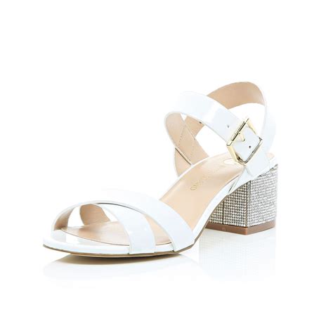 River Island White Rhinestone Block Heel Sandals In White Lyst