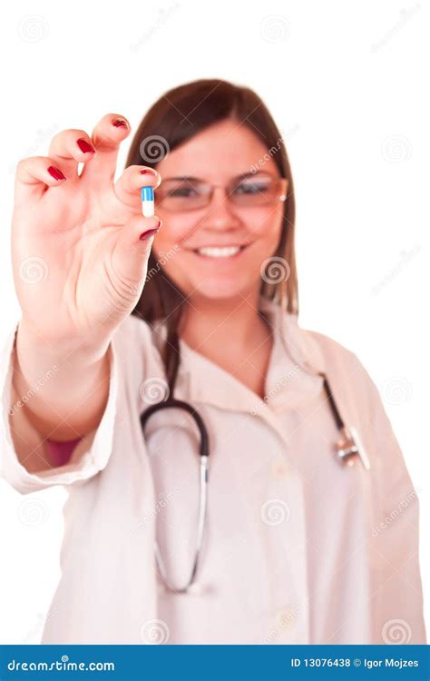 Female Doctor Holding A Pill In Her Hand Stock Photo Image Of