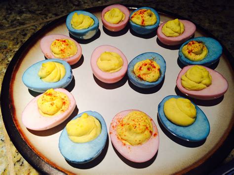 Decorate your dining with staging and dining. Gender reveal deviled egg snacks | Gender reveal food ...