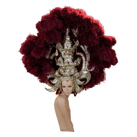 Elaborate Burgundy Red Ostrich Feather And Gold Showgirl Headdress
