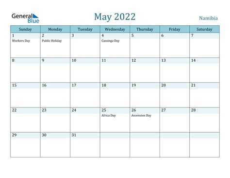 Namibia May 2022 Calendar With Holidays