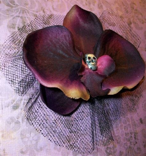 Rockabilly Dark Purple Orchid Flower With Metal Skull And