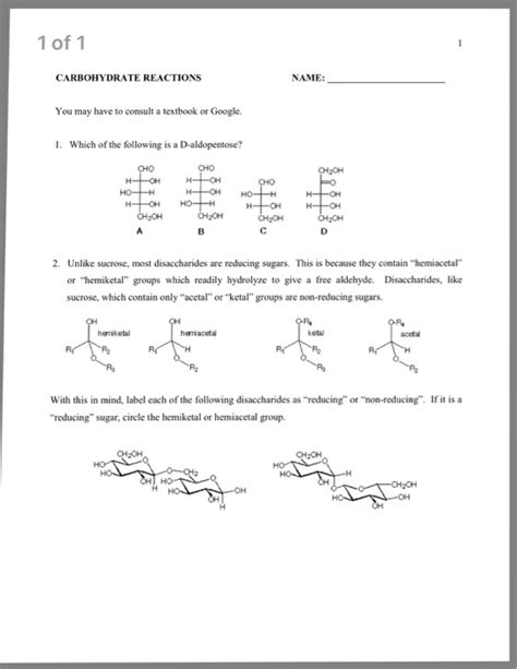 Solved 1 Of 1 Carbohydrate Reactions Name You May Have To