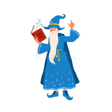 Cartoon Wizard Hold Book Reading Magic Spell Vector Flat Illustration