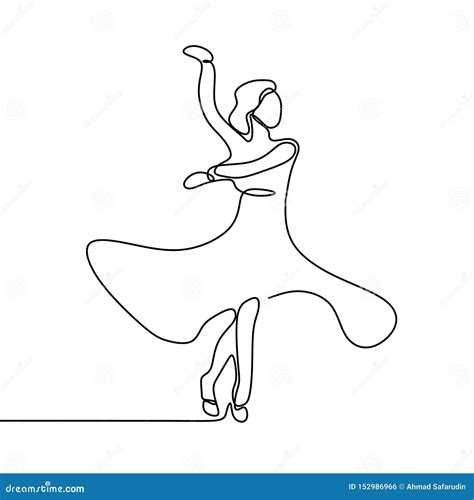 One Line Art Drawing Of A Young Girl Dancing Wearing Dress Vector