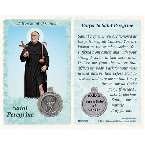 Healing Saints Prayer Card With Medal Saint Peregrine Patron Saint Of