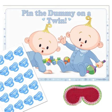 Twin Baby Shower Game Pin The Dummy Pacifier Blindfold Blue Party