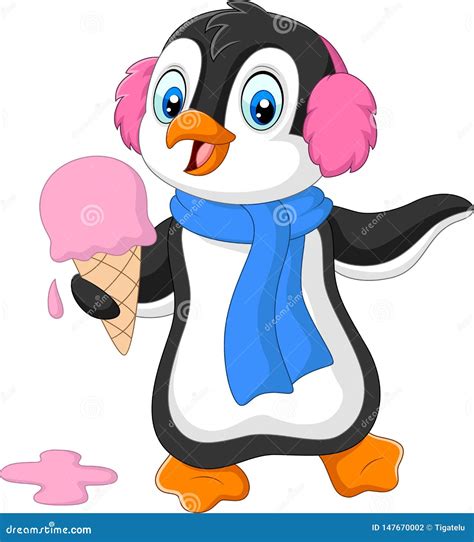 Cartoon Penguin With Earmuffs And Scarf Eats An Ice Cream Stock Vector