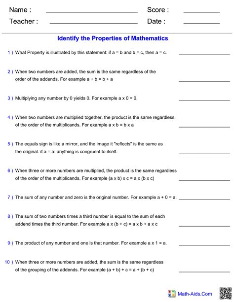 Properties Of Equality Worksheets With Answers