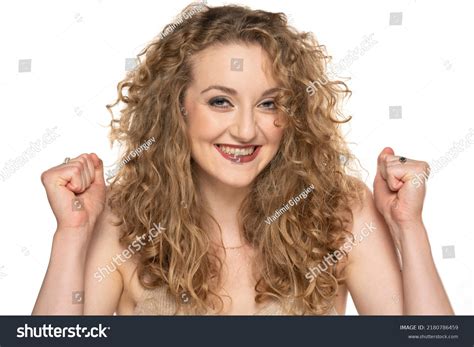 Attractive Happy Blonde Woman Curly Beautiful Stock Photo 2180786459