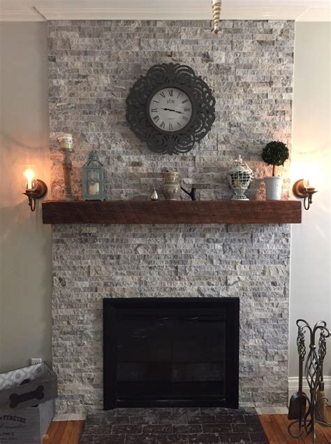 Silver Travertine Stacked Stone And Reclaimed Wood Mantel Renovated