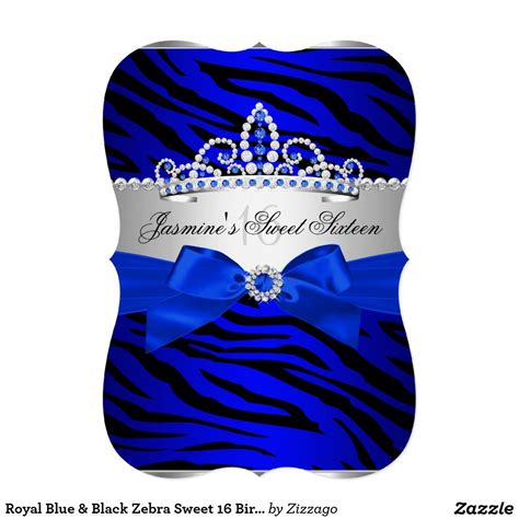 Royal Blue And Black Zebra Sweet 16 Birthday Party 2 5x7 Paper Invitation Card Sweet 16