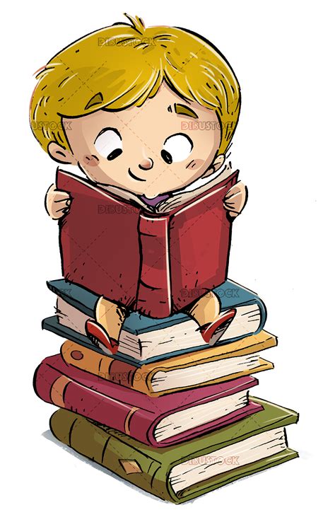 Niño Leyendo Encima De Libros Ilustraciones De Cuentos Infantiles