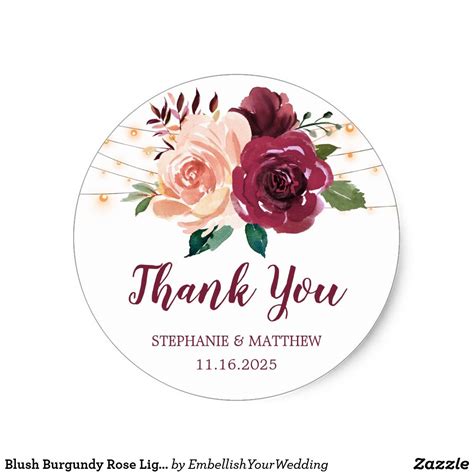 Burgundy Blush Floral Lights Wedding Thank You Classic Round Sticker