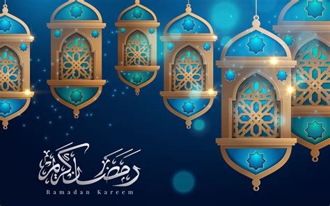 Ramadan Kareem Hanging Lanterns On Blue Greeting 999458 Vector Art At