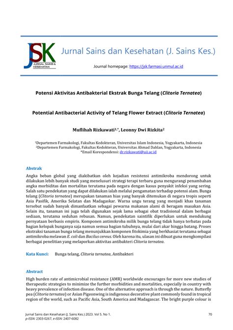 PDF Potensi Aktivitas Antibakterial Ekstrak Bunga Telang Clitoria Ternatea Potential