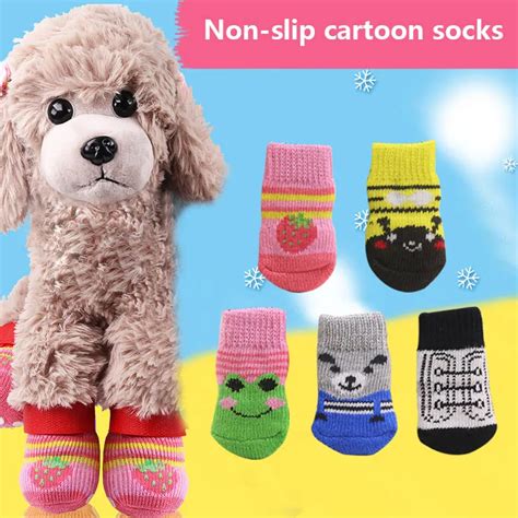 4 Pcs Cute Pet Dog Socks Non Slip Soft Warm Breathable Elasticity For