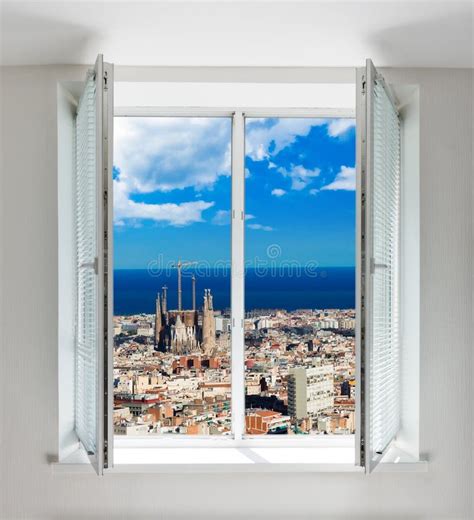Cityscape Of Barcelona Seen Through Window Stock Image Image Of Hill