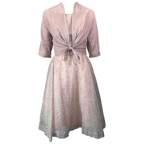 Beautiful 1950s Caryle Light Pink Silver Fit N Flare Silk Dress And