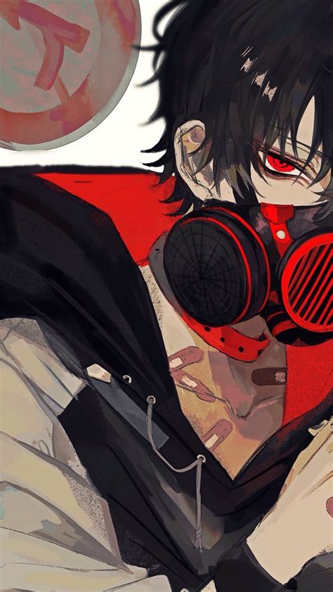 Download 1080x1920 Anime Boy Gas Mask Red Eyes Black