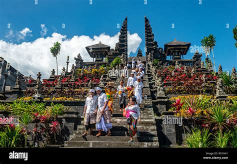 Devout Balinese Descend Stairs Split Gate Candi Bentar Mother Temple