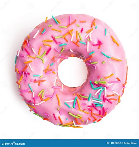 Pink Donut Decorated With Colorful Sprinkles Isolated On White