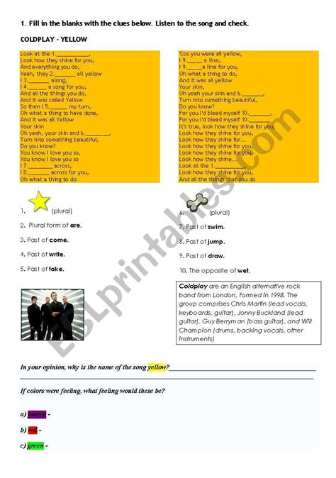 Song Yellow Coldplay Esl Worksheet By Alinetrabalho