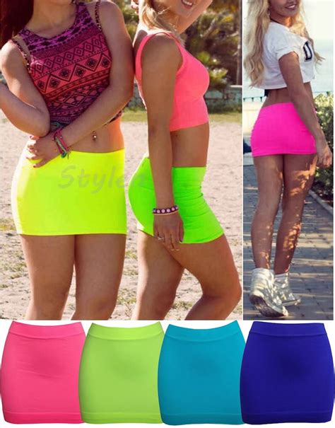 Womens Neon Lycra Stretch Mini Micro Skirt Ladies Spandex Etsy