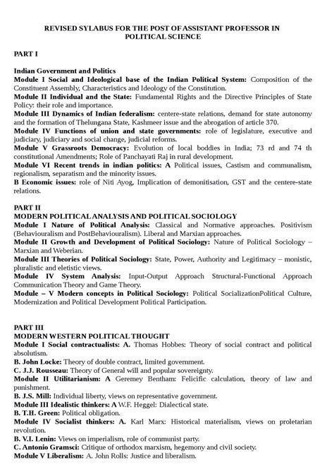 Assistant Professor In Political Science Revised Syllabus For