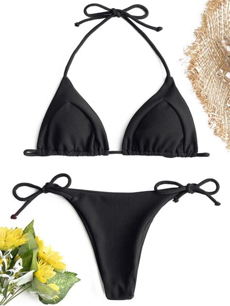 33 Off 2021 Ribbed String Bikini Set In Black Zaful