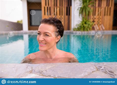 Mature Beautiful Scandinavian Tourist Woman In Swimming Pool Stock Photo Image Of Beautiful
