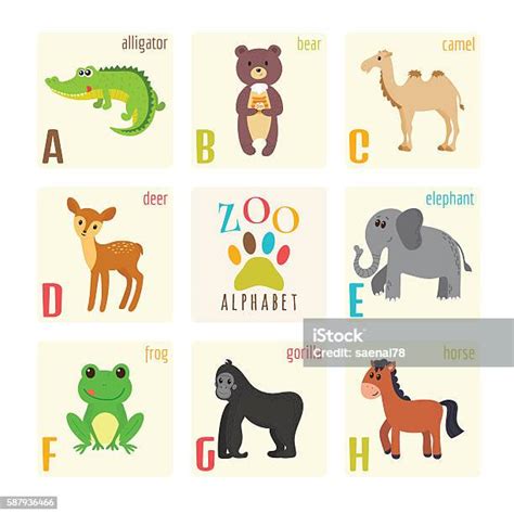 Cute Zoo Alphabet With Animals In Cartoon Style Stock Illustration