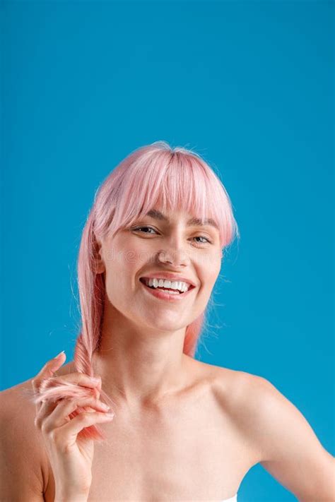 Beautiful Naked Woman With Pink Hair And Perfect Skin Smiling At Camera