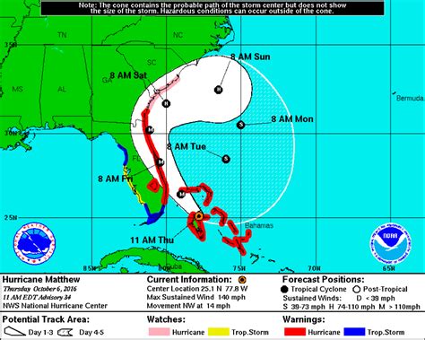 Tropical storm conditions are possible in the specified hurricane warning: Hurricane Matthew Re-Designated Category 4 as it Bears Down on Florida - Hagerty Consulting
