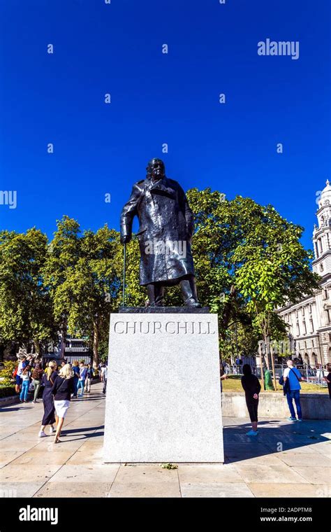 Statue Of Winston Churchill In Parliament Square London Uk Stock
