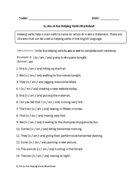 Helping verb practice lists can be categorized as either primary helping verbs or modal helping. Is, Am or Are Helping Verbs Worksheet | Englishlinx.com ...