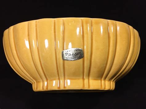 Vintage Haeger Pottery Oval Bowl Planter Harvest Gold Yellow Ribbed