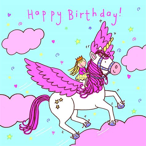 Twizler Happy Birthday Card For Girl Flying Unicorn Clouds And Swarovski Crystal Finish