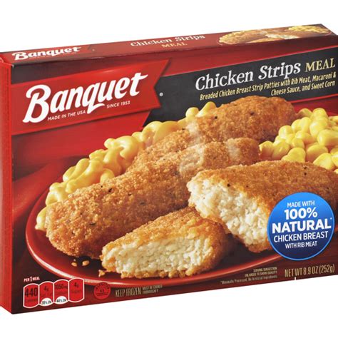 It includes country style gravy, mashed potatoes, breaded fried chicken patty and. Banquet Chicken Strips Meal | Frozen Foods | Price Cutter