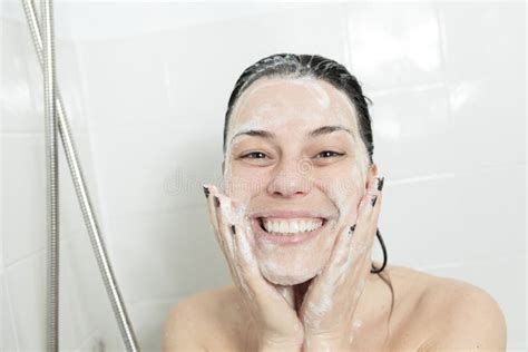 Shower Woman Happy Smiling Woman Washing Shoulder Stock Photo Image
