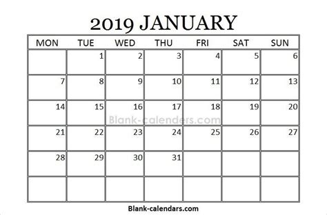 So download or print these free blank 2021 jun to aug calendar for making daily or weekly planner. Blank January Calendar 2019 Monday Start | 2021 calendar ...