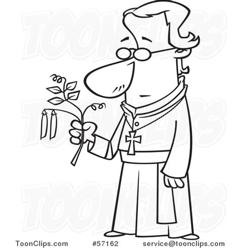 Cartoon Outline Friar Guy Gregor Mendel Holding A Pea Plant 57162 By