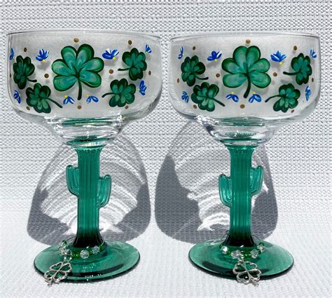 Margarita Glasses Cactus Stem Hand Painted Emerald Green Etsy Wine Glass Charms Wine Charms