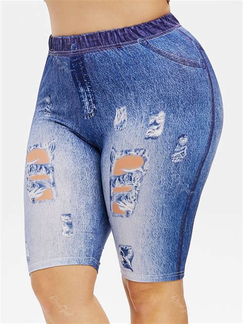 short 3d jean déchiré imprimé à coupe haute de grande taille en ocean blue france