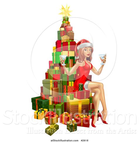Vector Illustration Of A D Sexy Christmas Pinup Woman Sitting With